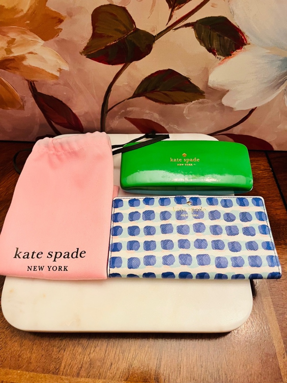 Kate Spade Blue/Green Bundle of Eyeglasses Case w/Matching Wallet & Pink Dustbag